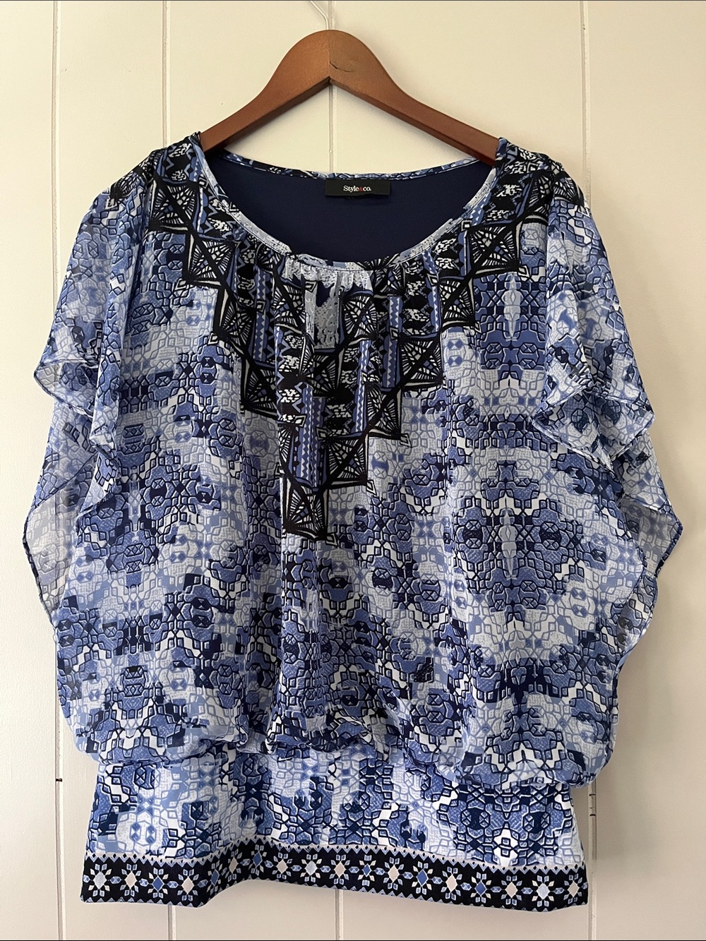 Style & Co. Blue Mosaic Print Peasant Top with Black Embroidery